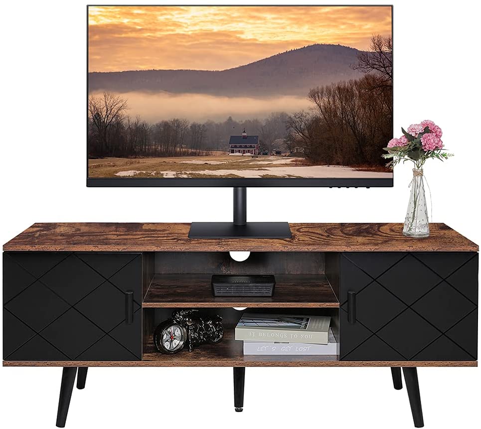 Photo 1 of IWELL MidCentury Modern TV Stand for TV up to 55 in TV Console Table with Storage for Living Room Retro Home Media Entertainment Center for Flat Screen TV Black Door  Rustic Brown Body