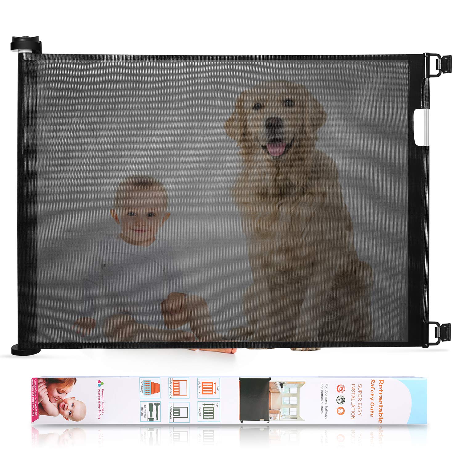 Photo 1 of Babepai Retractable Baby Gate Wide Safety Mesh Gate Easy to Roll and Latch for Stairways Doorways Hallways Patios Deck Banisters Flexible and Extensible Pets Gate Up to 54 inch Wide