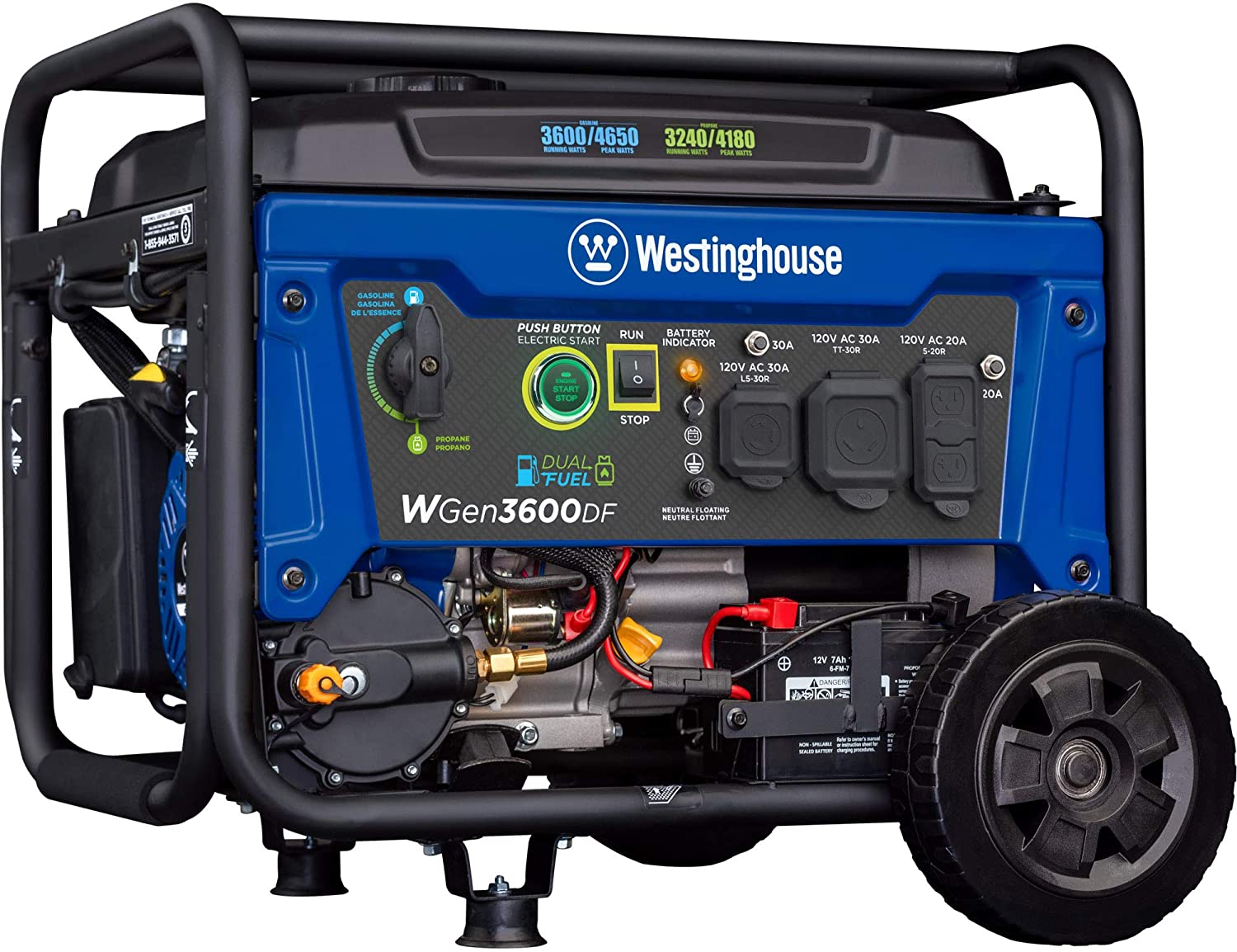 Photo 1 of Westinghouse Outdoor Power Equipment WGen3600DF Dual Fuel Gas and Propane Electric Start Portable Generator 3600 Rated 4650 Peak Watts RV Ready CARB Compliant