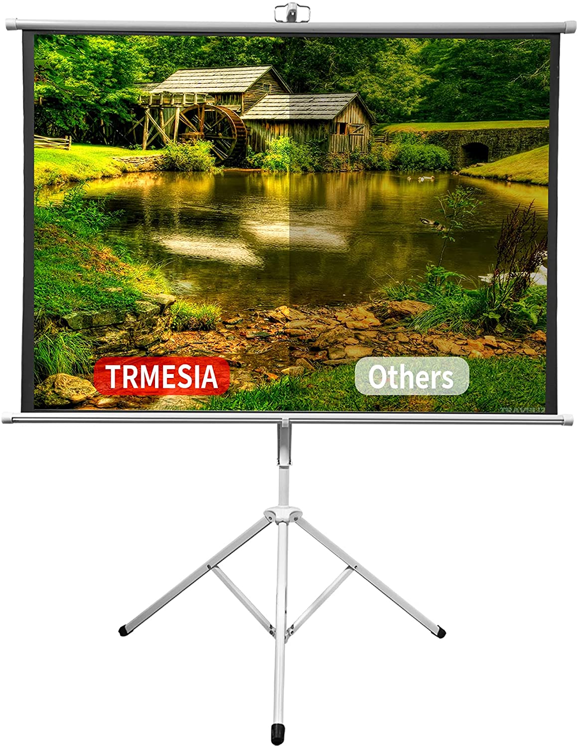 Photo 1 of TRMESIA Projector Screen with Stand 84inch Portable Foldable Tripod Pull Down Video Projection Screen 43 Ratio Polyester Fabric Movie Screen with Carry Bag for Outdoor Indoor Backyard Movie Night