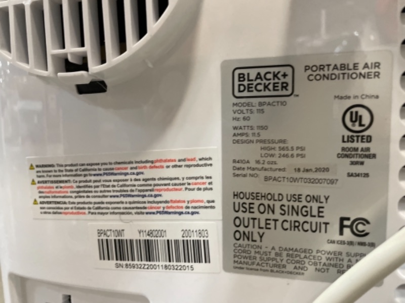 Photo 3 of BLACKDECKER BPACT10WT Portable Air Conditioner with Remote Control 10000 BTU Cools Up to 250 Square Feet White