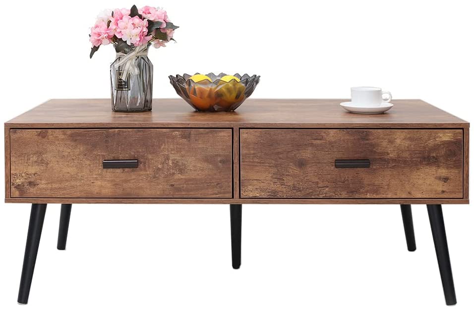 Photo 1 of **PARTS ONLY** Mid Century Modern Coffee Table with Storage for Living Room Wood Coffee Table with 2 Drawers  2 Open Shelves for Home Office Rustic Brown