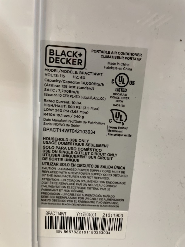 Photo 4 of PARTS ONLY BLACKDECKER BPACT14WT Portable Air Conditioner with Remote Control 7700 BTU DOE 14000 BTU ASHRAE Cools Up to 350 Square Feet White
