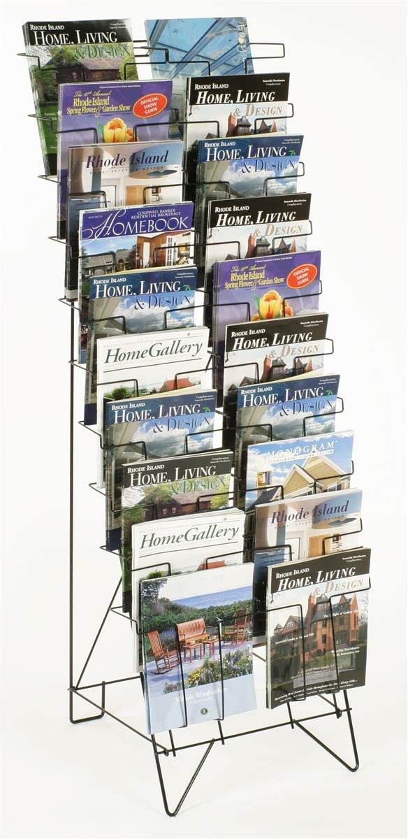 Photo 1 of Tiered Black Wire Magazine Rack 1914w x 2512d x 5112h Free Standing Floor Fixture with 20 Stacked Pockets Sign Slot