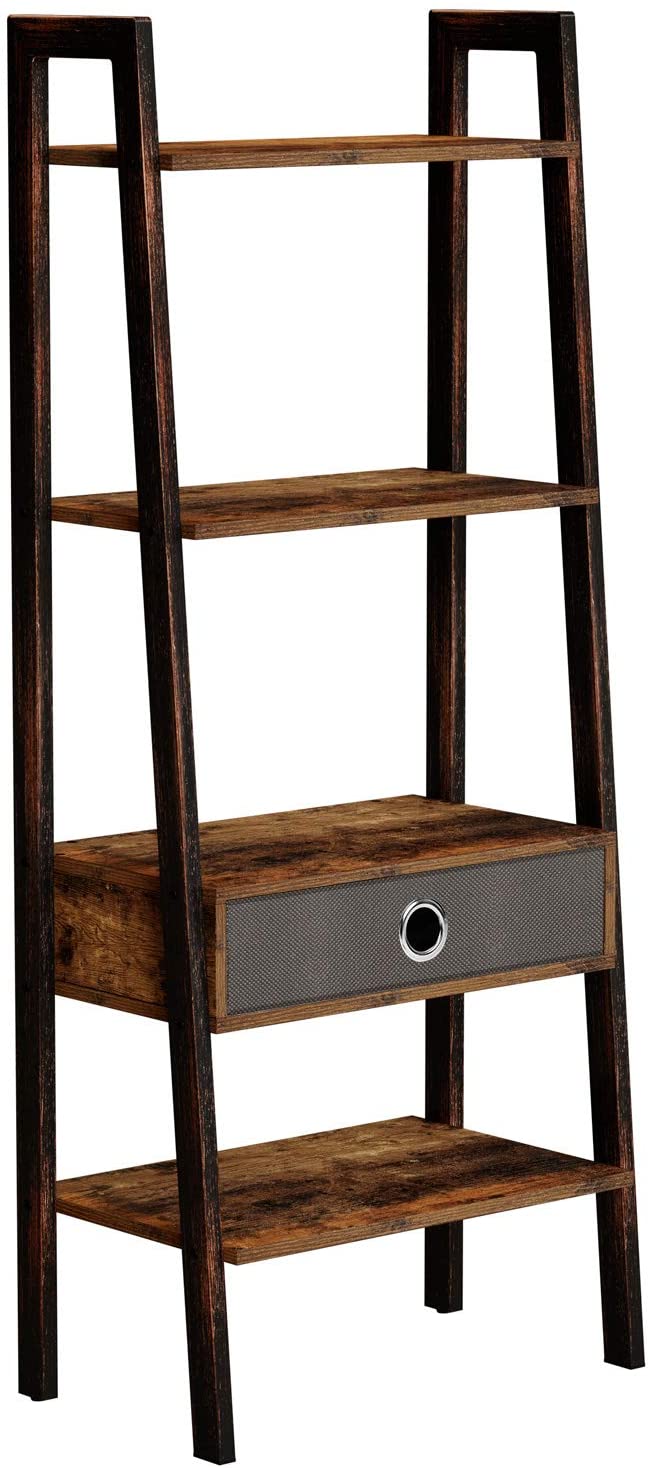 Photo 1 of Rolanstar Ladder Shelf with Drawer Wood Ladder Bookshelf 4Tier Leaning Utility Organizer Shelves Rustic Hand Painted Metal Frame 545x211x135 Shelf for Living Room Office Room Rustic Brown