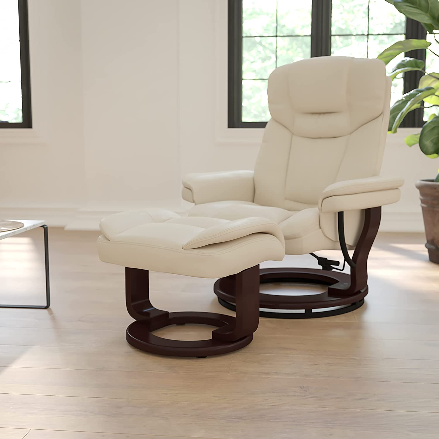 Photo 1 of Flash Furniture Contemporary Multi Position Recliner And Curved Ottoman With Swivel Mahogany Wood Base  Beige