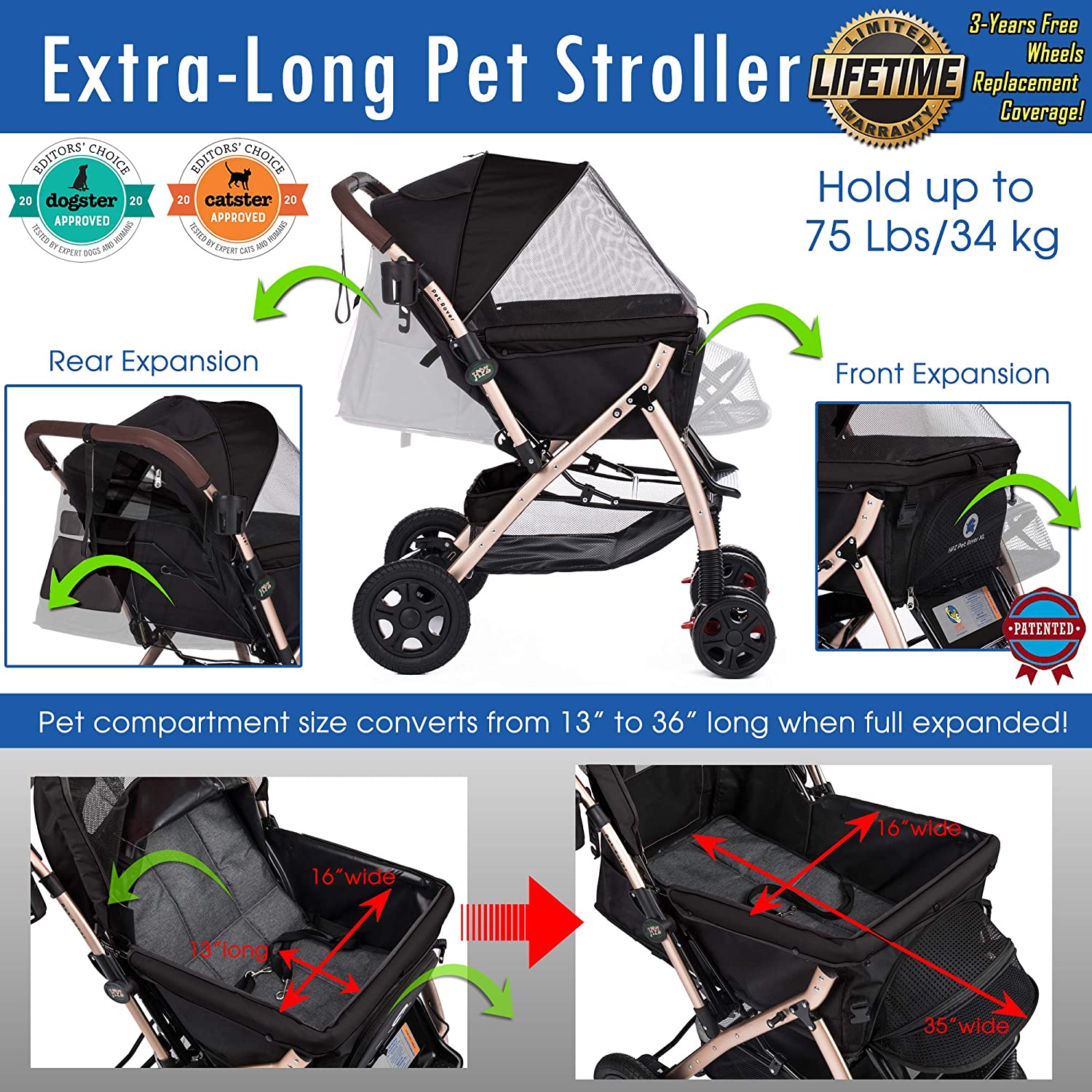 Photo 1 of Pet Rover XL ExtraLong Premium Heavy Duty DogCatPet Stroller
colors may vary