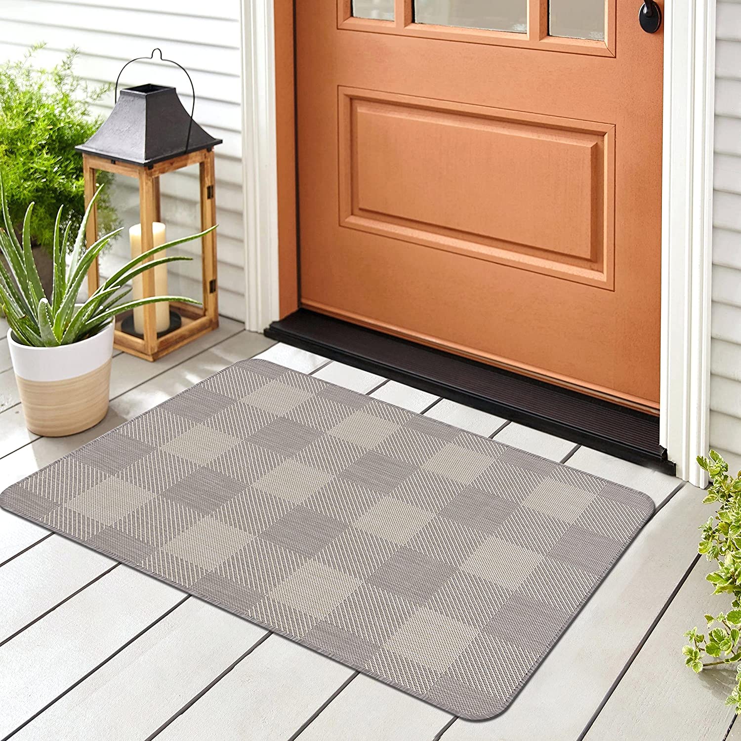 Photo 1 of CAMILSON Buffalo Plaid Outdoor Rug  Check Area Rugs for Indoor and Outdoor Patios Checkered Pattern Mats for Front Door Porch Kitchen and Hallway  Washable Outside Carpet 3x5 Grey  White