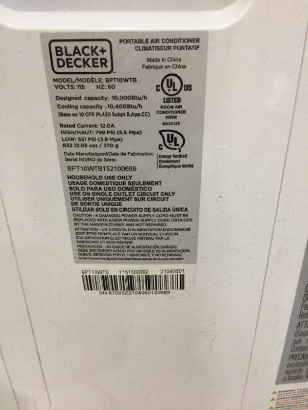 Photo 5 of BLACKDECKER BPT10WTB Portable Air Conditioner with Remote Control 10000 BTU SACCCEC 14000 BTU ASHRAE Cools Up to 450 Square Feet White