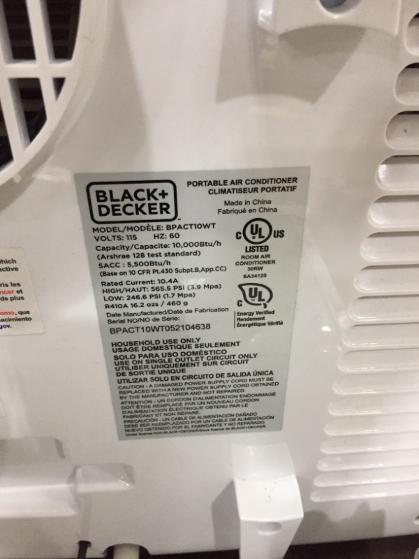 Photo 5 of BLACKDECKER 6000 BTU DOE 10000 BTU ASHRAE Portable Air Conditioner with Remote Control