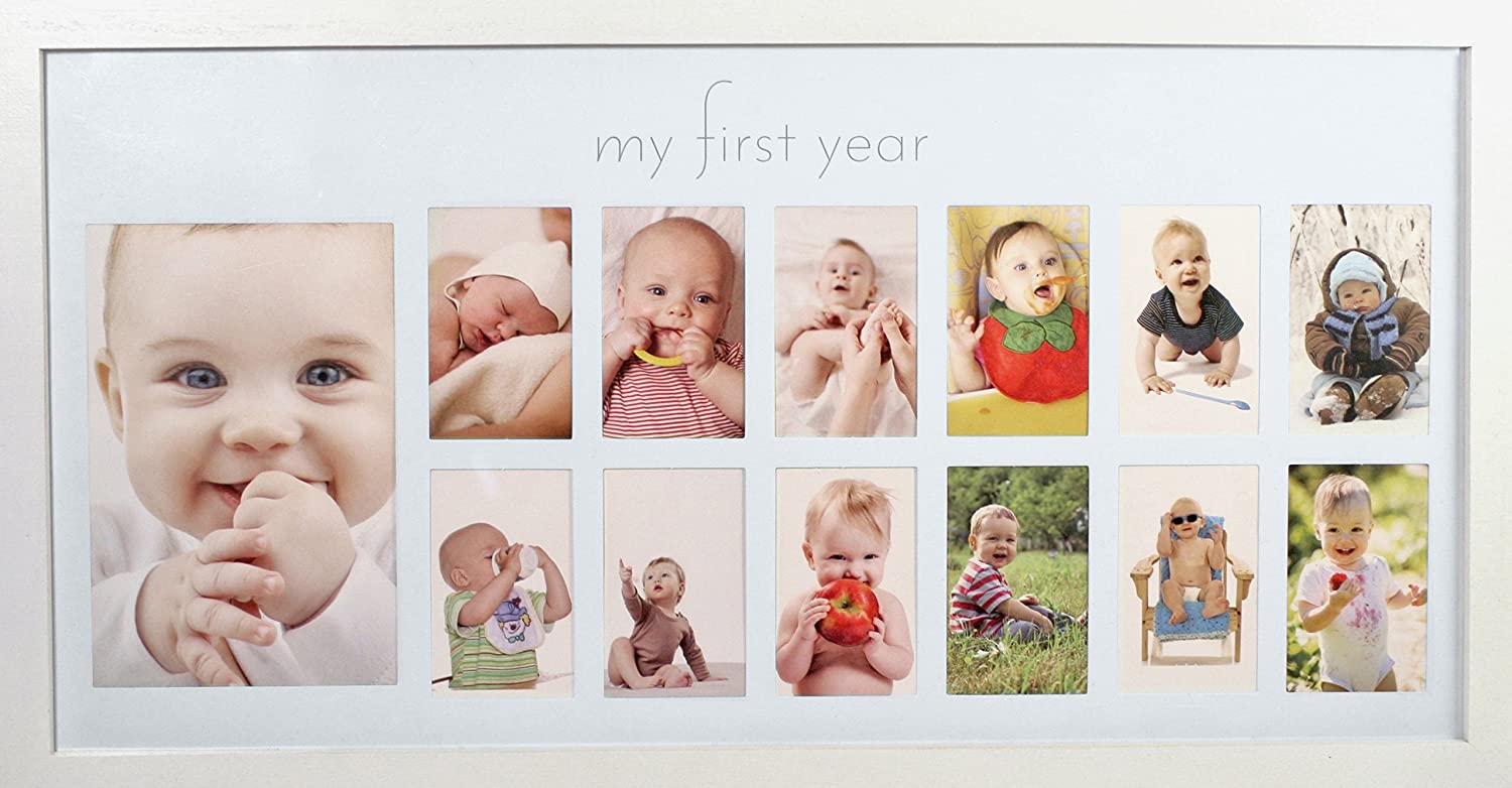 Photo 1 of Babys First Year Frame in Elegant White Natural Wood  My First Year Baby Picture Frame for Photo Memories White