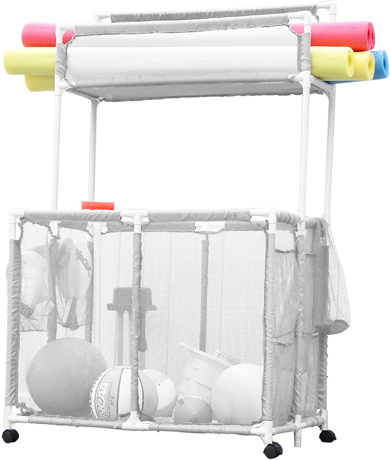 Photo 1 of Essentially Yours Pool Noodles Holder Toys Floats Balls and Floats Equipment Mesh Rolling Double Decker Multi Use Storage Organizer Bin 37L x 24W x 55H XXL White MeshWhite PVC