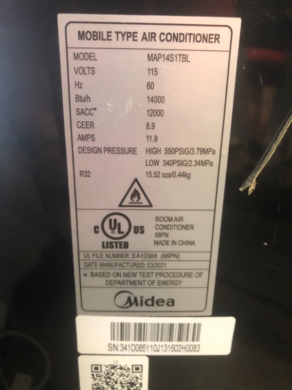 Photo 7 of MIDEA MAP14S1TBL 14000 12000 BTU SACC Duo Ultra Quiet Smart HE Inverter Portable Air Conditioner Dehumidifier and Fan Works with Alexa Includes Remote Control Cools up to 550 sqft Black PREVIOUSLY OPENED