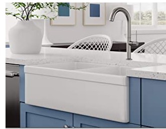 Photo 1 of Farmhouse UltraFine Fireclay Kitchen Sink in White 5050 Double Bowl Belted Front