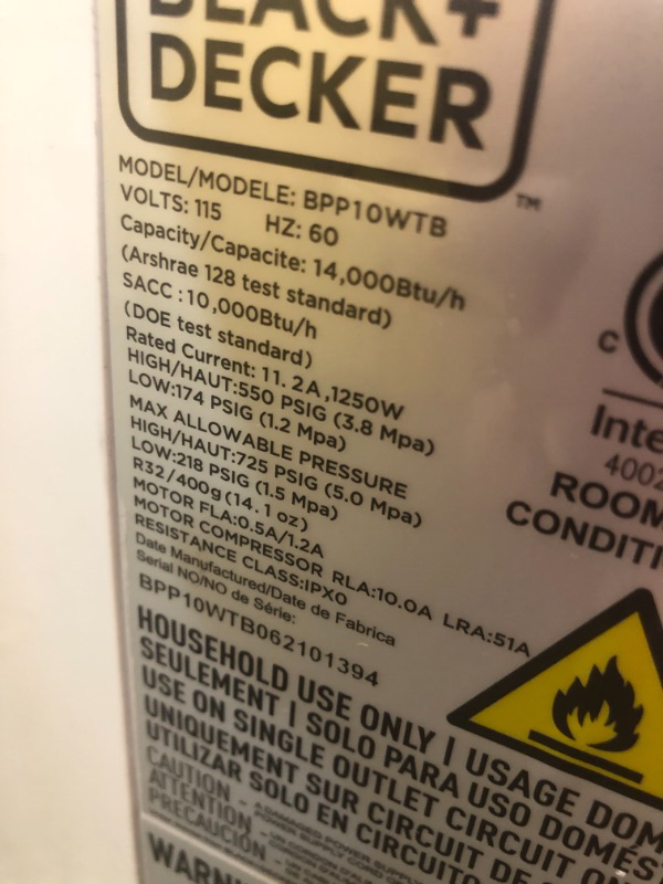 Photo 5 of BLACKDECKER BPP10WTB Portable Air Conditioner with Remote Control 10000 BTU SACCCEC 14000 BTU ASHRAE Cools Up to 450 Square Feet White

DOES NOT BLOW COLD AIR MISSING THE WINDOW KIT