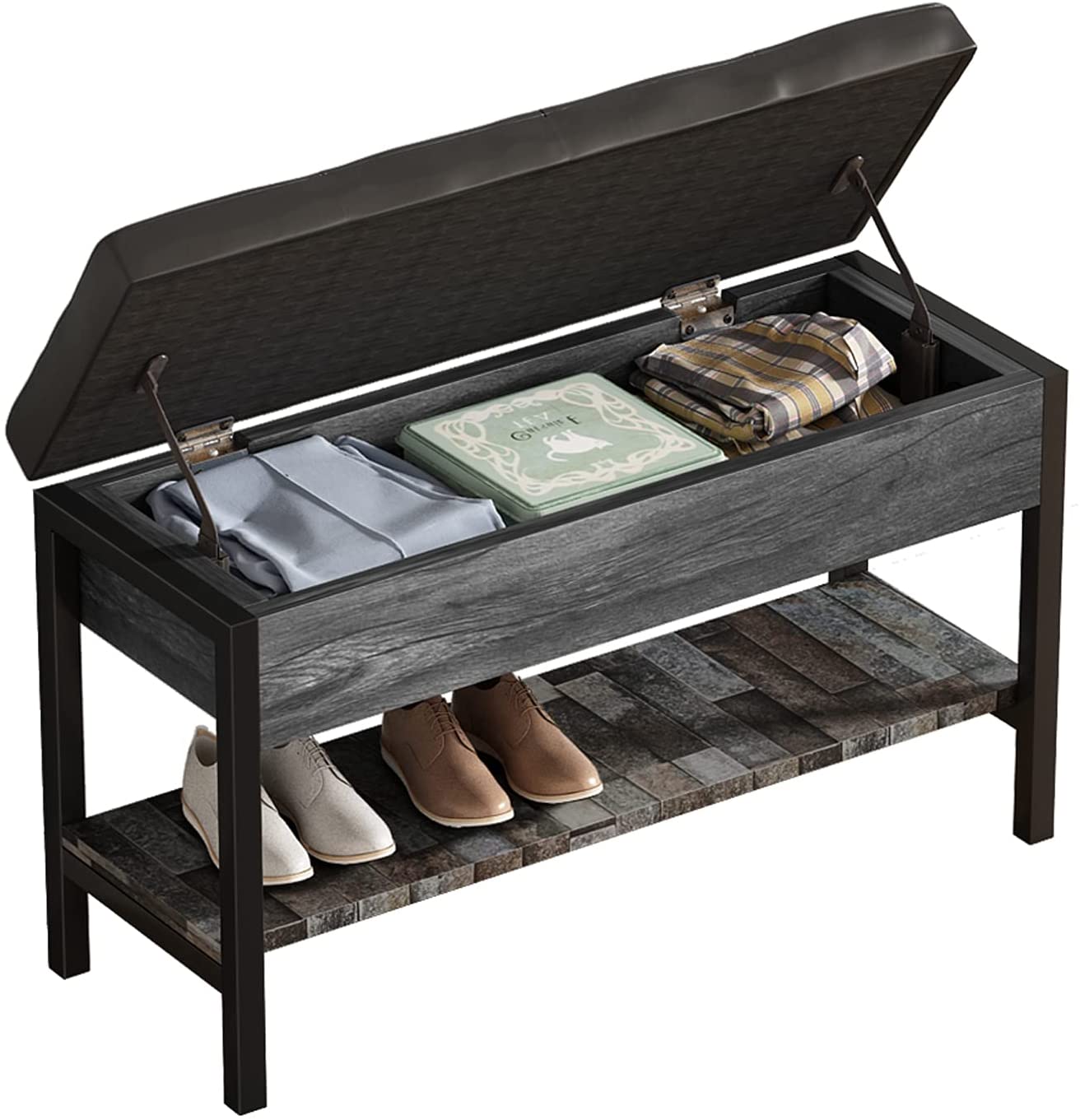 Photo 1 of QEEIG Shoe Storage Bench with Cushion Gray Shoes Rack for Entryway End of Bed Window Seat Living Room Bedroom Industrial Rustic Grey and Black SB841083 PREVIOUSLY OPENED NEW MANUEL INCLUDED NO HARDWARE COSMETIC DAMAGE FROM SHIPPING