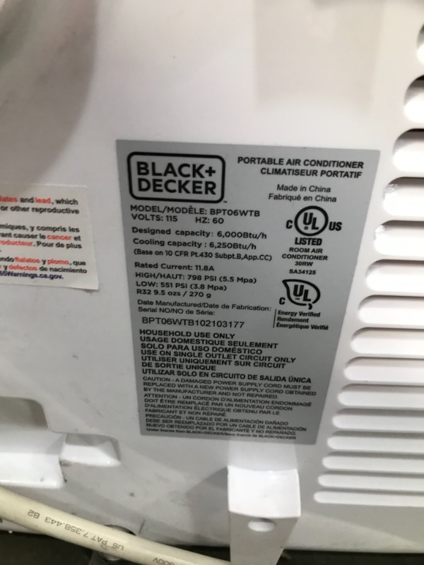 Photo 4 of BLACKDECKER BPACT14WT Portable Air Conditioner with Remote Control 7700 BTU DOE 14000 BTU ASHRAE Cools Up to 350 Square Feet White USED COSMETIC DAMAGE TESTED PRODUCT TURTNS ON  WORKS