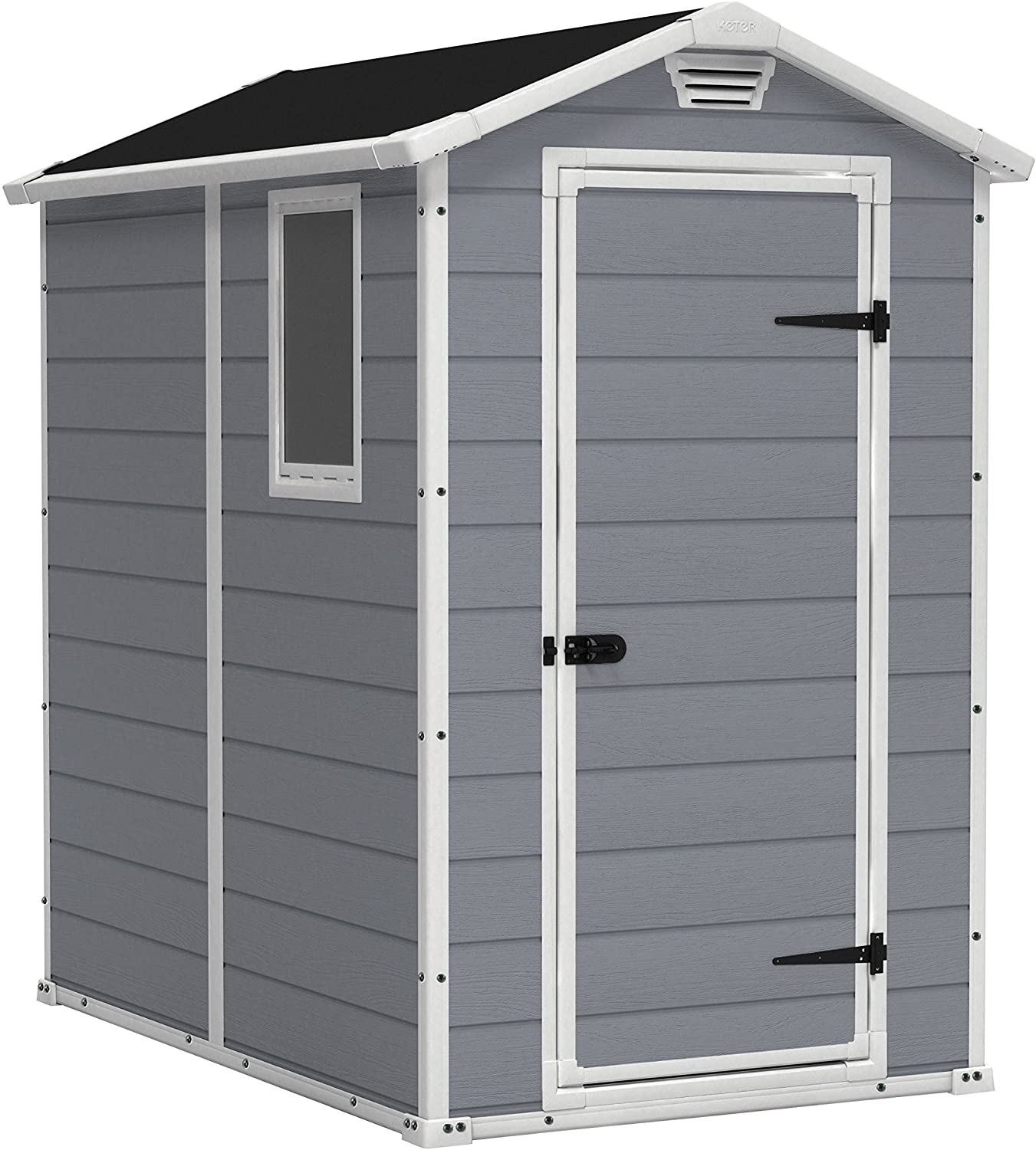 Photo 1 of KETER Manor 4x6 Resin Outdoor Storage Shed KitPerfect to Store Patio Furniture Garden Tools Bike Accessories Beach Chairs and Lawn Mower Grey  White