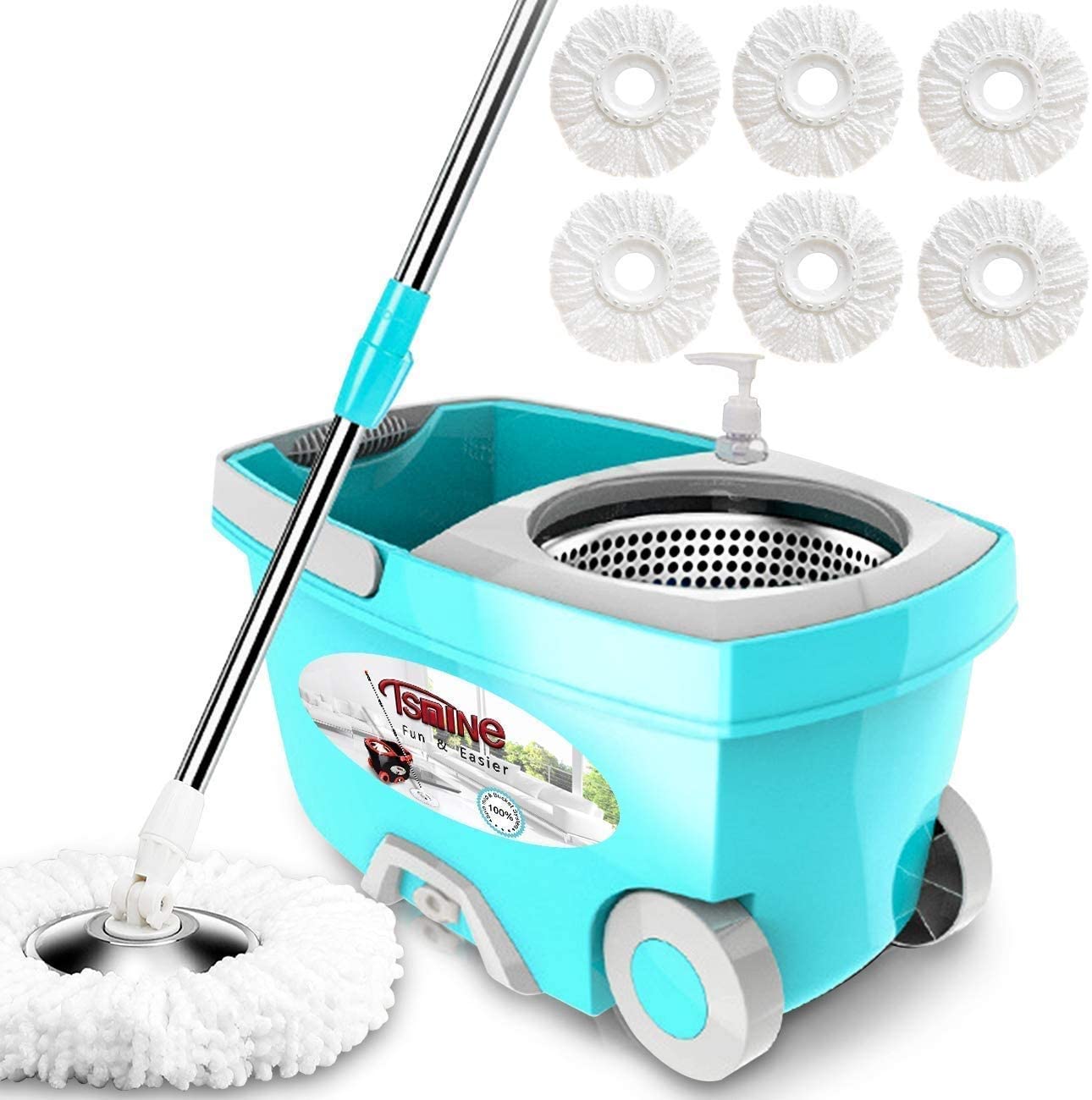 Photo 1 of Tsmine Spin Mop Bucket System Stainless Steel Deluxe 360 Spinning Mop Bucket Floor Cleaning System with 6 Microfiber Replacement Head Refills61Extended Handle 2x Wheel for Home Cleaning  MINT