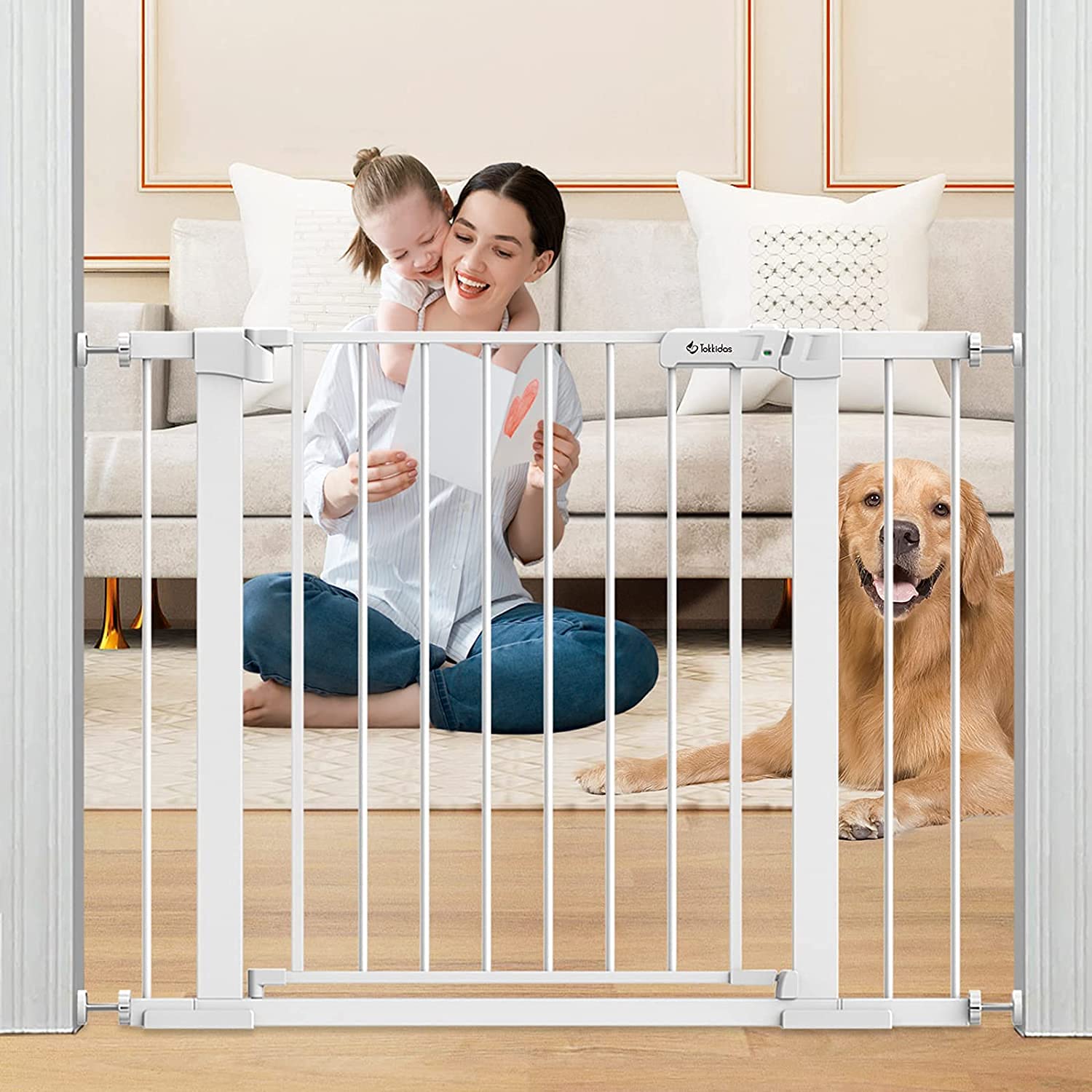 Photo 1 of Tokkidas 406295 Auto Close Safety Baby Gate Extra Wide Dog Gate Durable Easy Walk Thru Child Gate for Stairs Doorways House Includes 275  55 Extension Pressure Mounted Kit NO Drilling