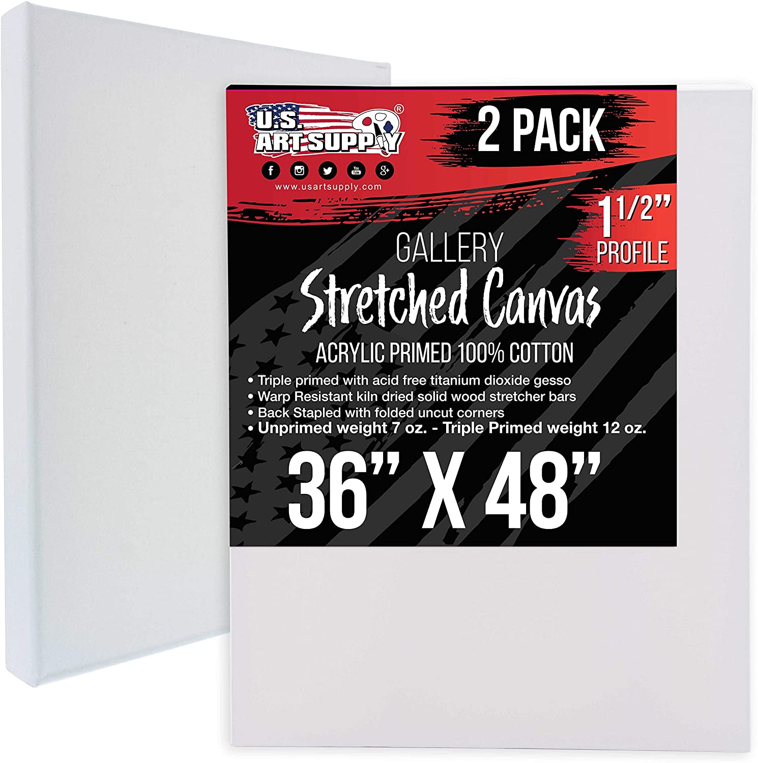 Photo 1 of US Art Supply 36 x 48 Gallery Depth 112 Profile Stretched Canvas 2Pack  Acrylic Gesso Triple Primed 12Ounce 100 Cotton AcidFree Back Stapled Pouring Art