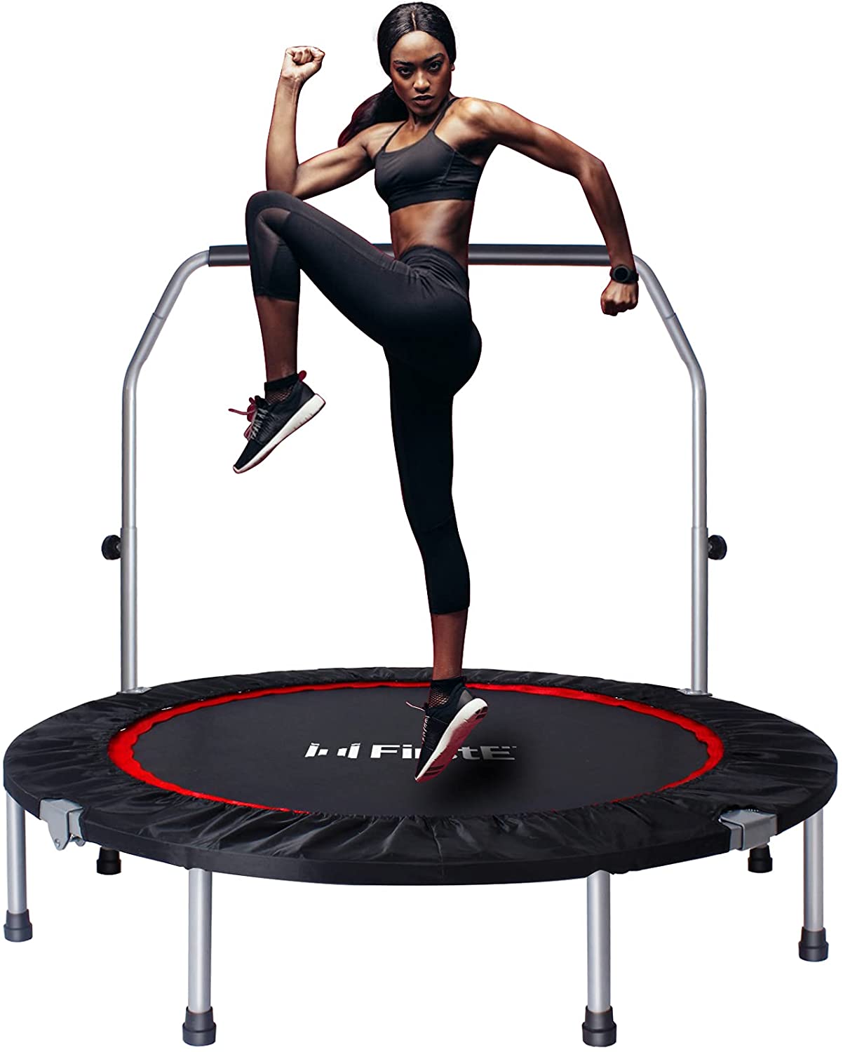 Photo 1 of FirstE 48 Foldable Fitness Trampolines Rebound Recreational Exercise Trampoline with 4 Level Adjustable Heights Foam Handrail Jump Trampoline for Kids and Adults IndoorOutdoor Max Load 440lbs