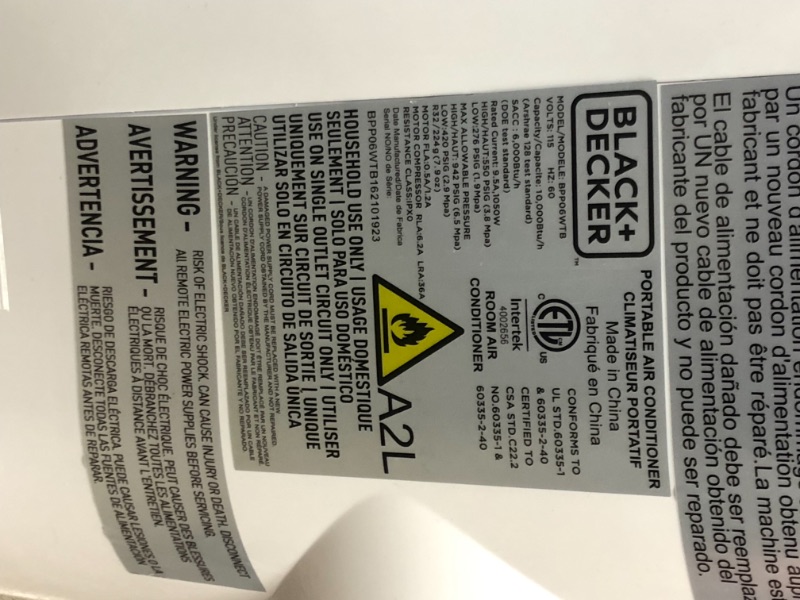 Photo 4 of BLACKDECKER BPP06WTB Portable Air Conditioner with Remote Control 10000 BTU Cools Up to 250 Square Feet White

 tested and working