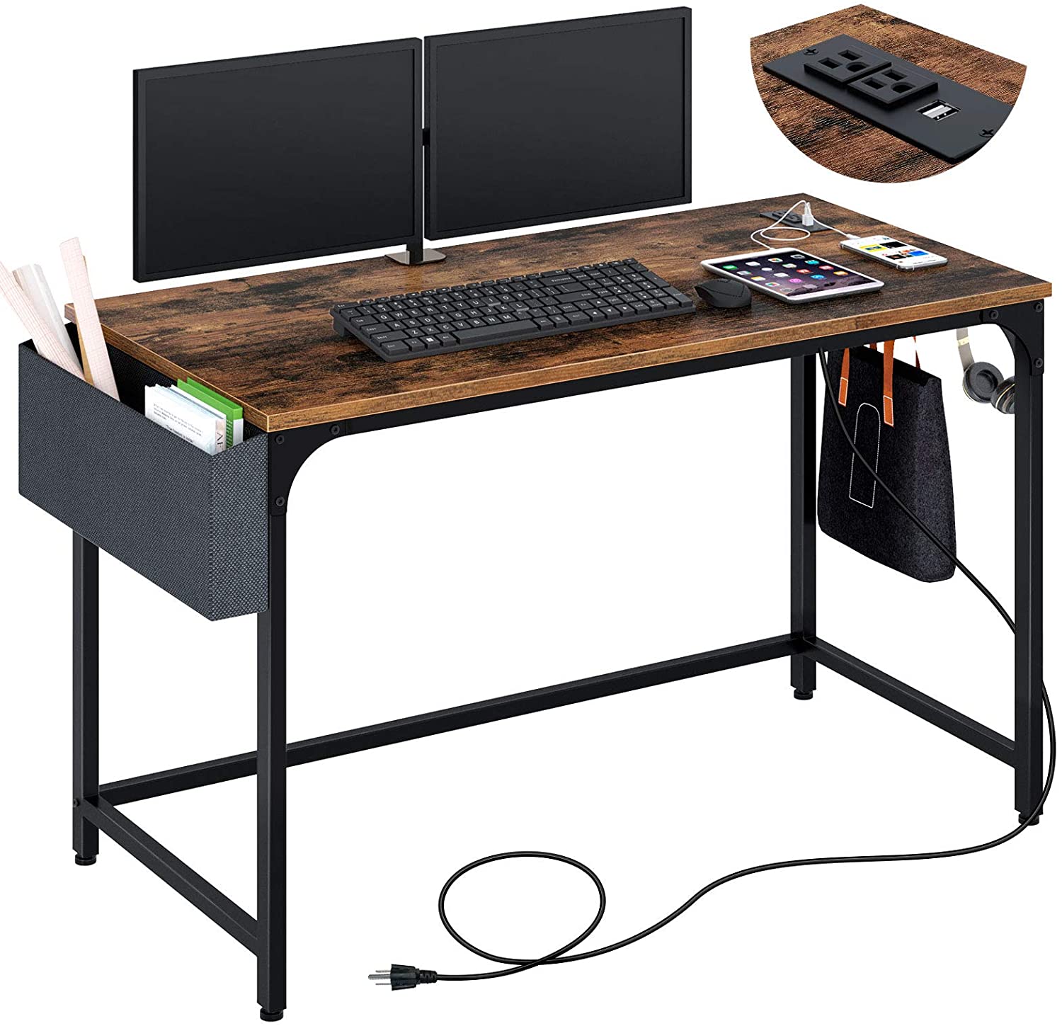 Photo 1 of Rolanstar Computer Desk with Power Outlet Home Office PC Desk with USB Ports Charging Station 39 Desktop Table with Side Storage Bag and Iron Hooks Stable Metal Frame Workstation Rustic Brown USED MINOR COSMETIC DAMAGE PLEASE SEE PHOTOS