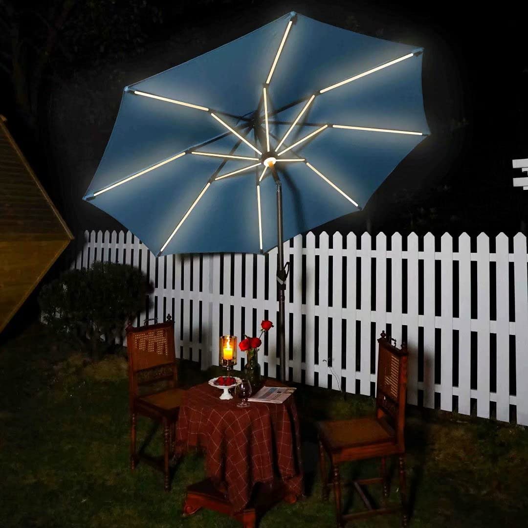 Photo 1 of VINEY Deluxe 9 ft Solar Powered LED Market Umbrella Aluminum Outdoor Patio Table Umbrellas with 16 LED Strip Lights  Hub Light  Aluminum Frame 3 Years NonFading Olefin Canopy Denim Blue