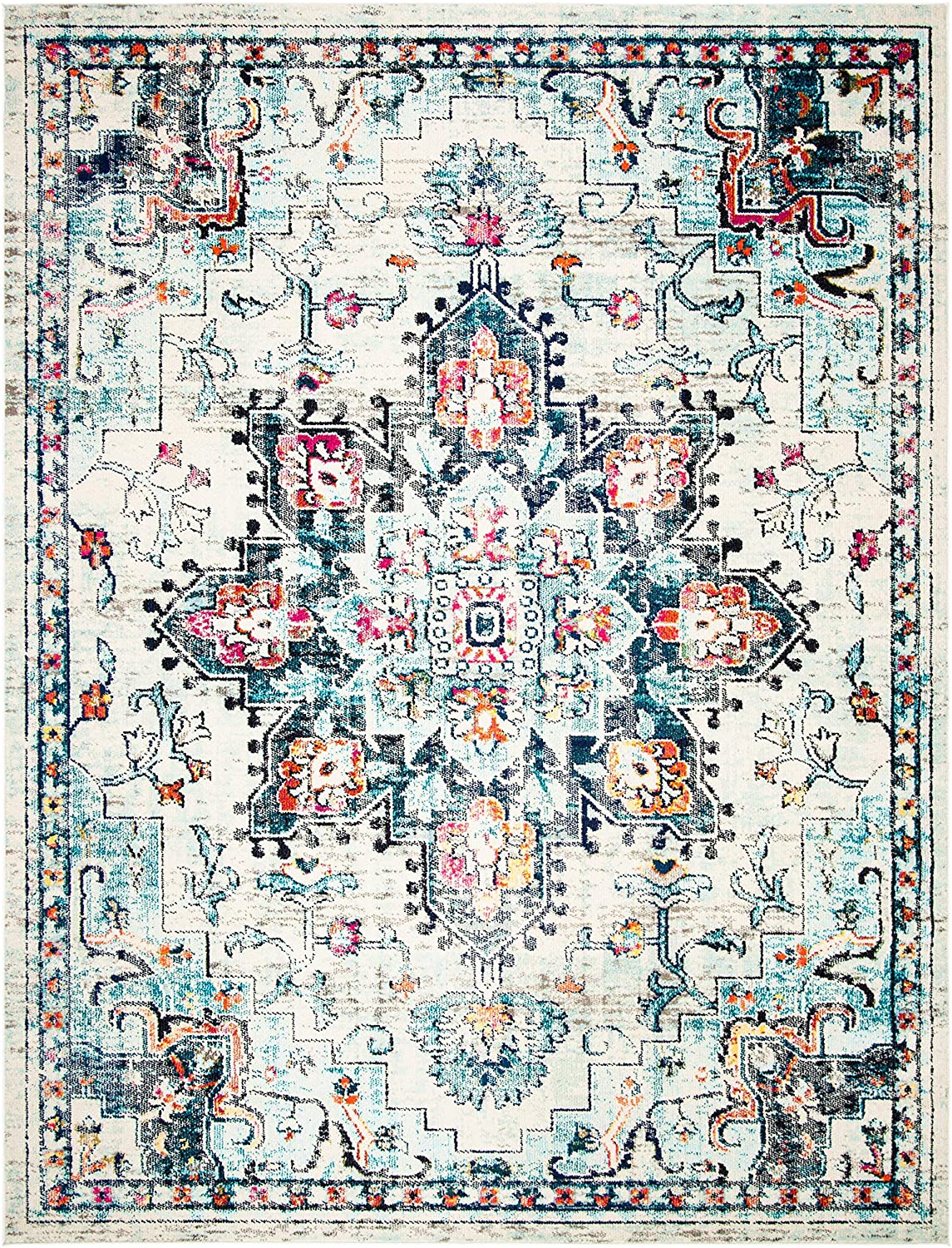 Photo 1 of Safavieh Madison Collection MAD473B Boho Chic Medallion Distressed NonShedding Stain Resistant Living Room Bedroom Area Rug 8 x 10 Cream  Blue