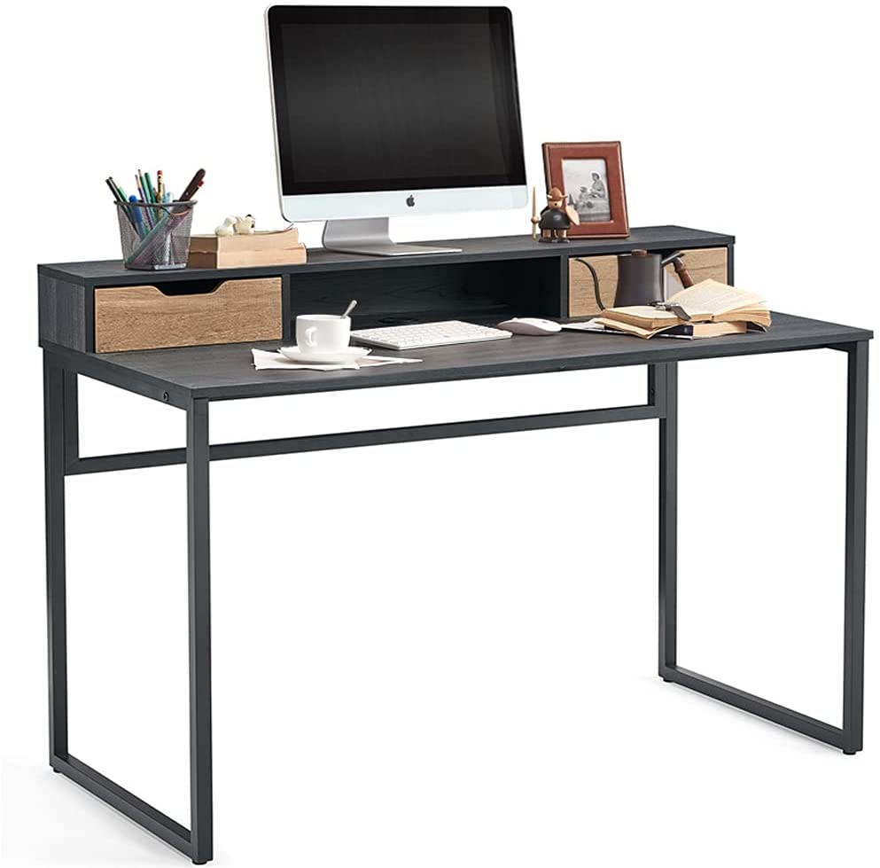 Photo 1 of 47 inch Home Office Desk Writing Study Gaming Desk with 2 Storage Drawers Monitor Stand Shelf Modern Simple Style Laptop Table Black