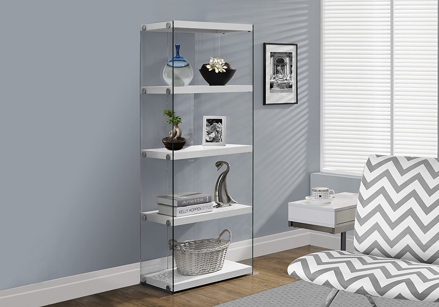 Photo 1 of Monarch Specialties I Bookcase5Shelf Etagere Bookcase Contemporary Look with Tempered Glass Frame Bookshelf 60H White