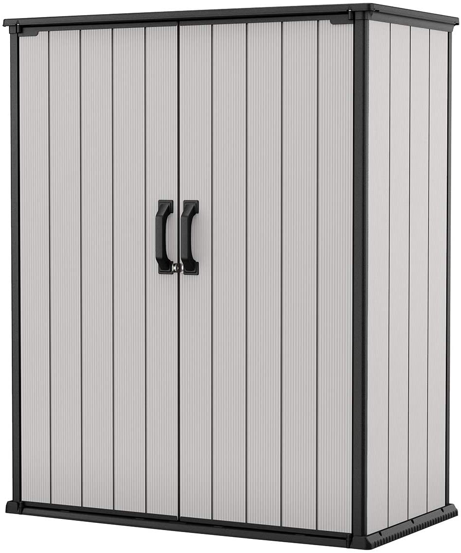 Photo 1 of Keter Premier Tall Resin Outdoor Storage Shed with Shelving Brackets for Patio Furniture Pool Accessories and Bikes Grey  Black