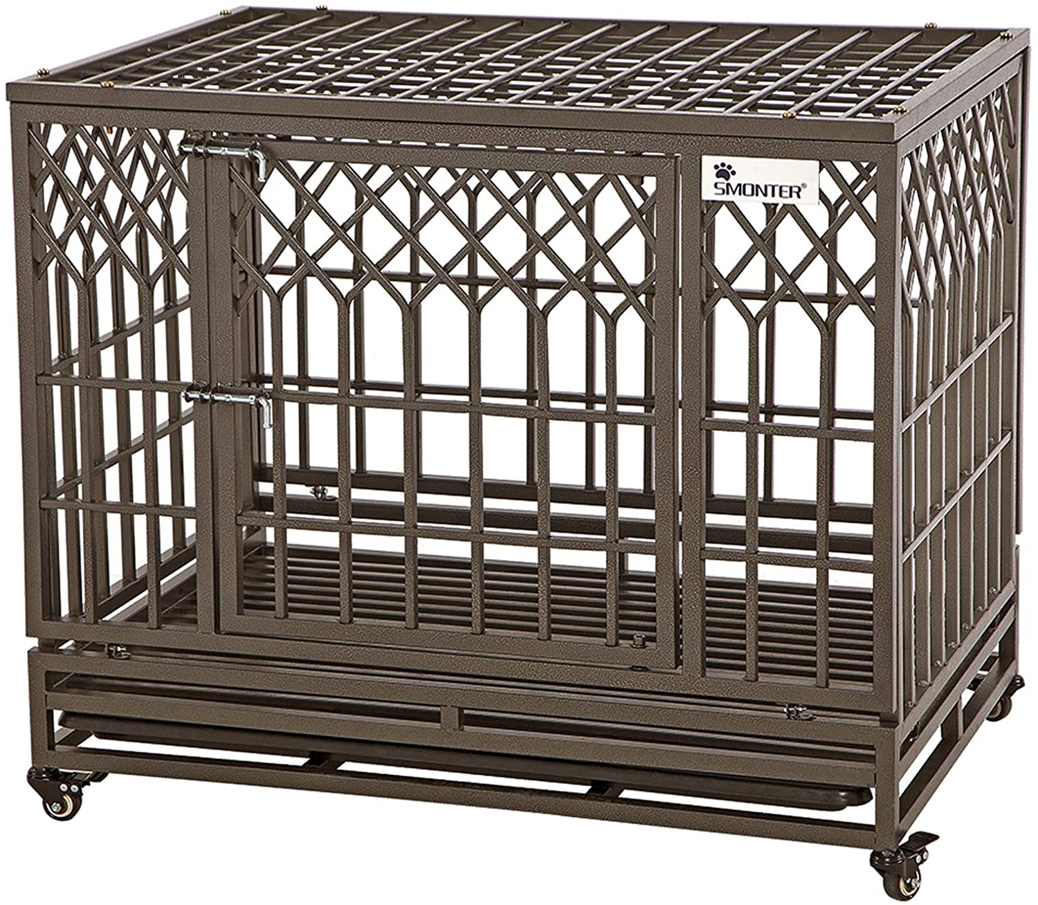 Photo 1 of SMONTER Heavy Duty Dog Crate Strong Metal Pet Kennel Playpen with Two Prevent Escape Lock Large Dogs Cage with Wheels Y Shape Dark Silver