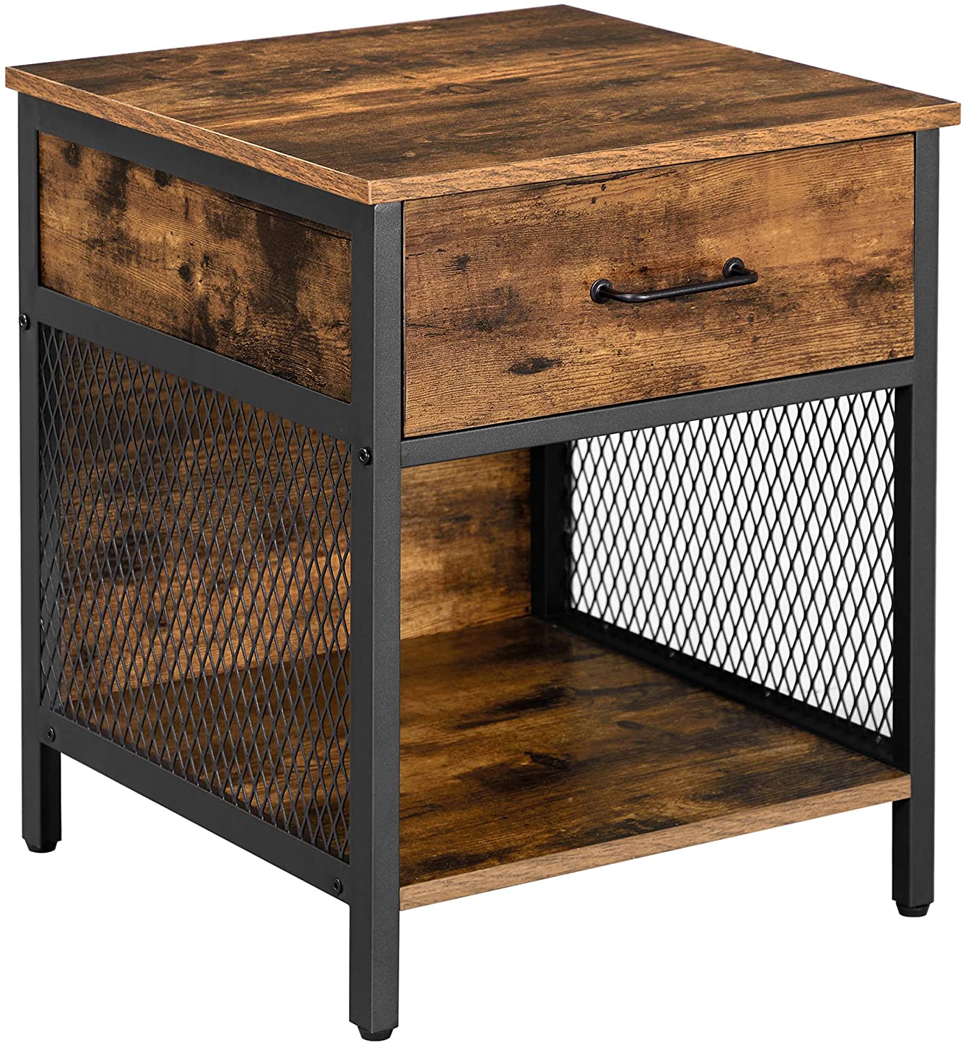 Photo 1 of VASAGLE Side Table Nightstand End Table with 1 Drawer and 1 Open Compartment Steel Frame 45 x 45 x 55 cm Industrial for Bedroom Living Room Rustic Brown and Black