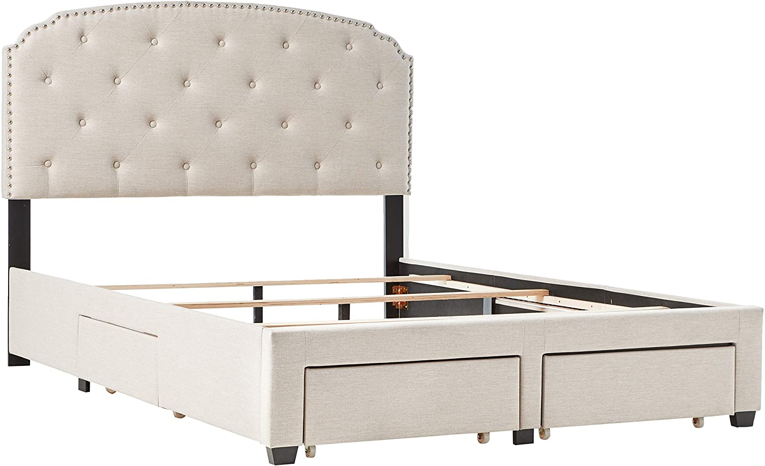 Photo 1 of DG Casa Argo Upholstered Panel Bed Frame with Storage Drawers and Diamond Button Tufted Nailhead Trim Headboard Queen Size in Beige Fabric  NOT FUL SET BOX 13 JUST HEADBOARD