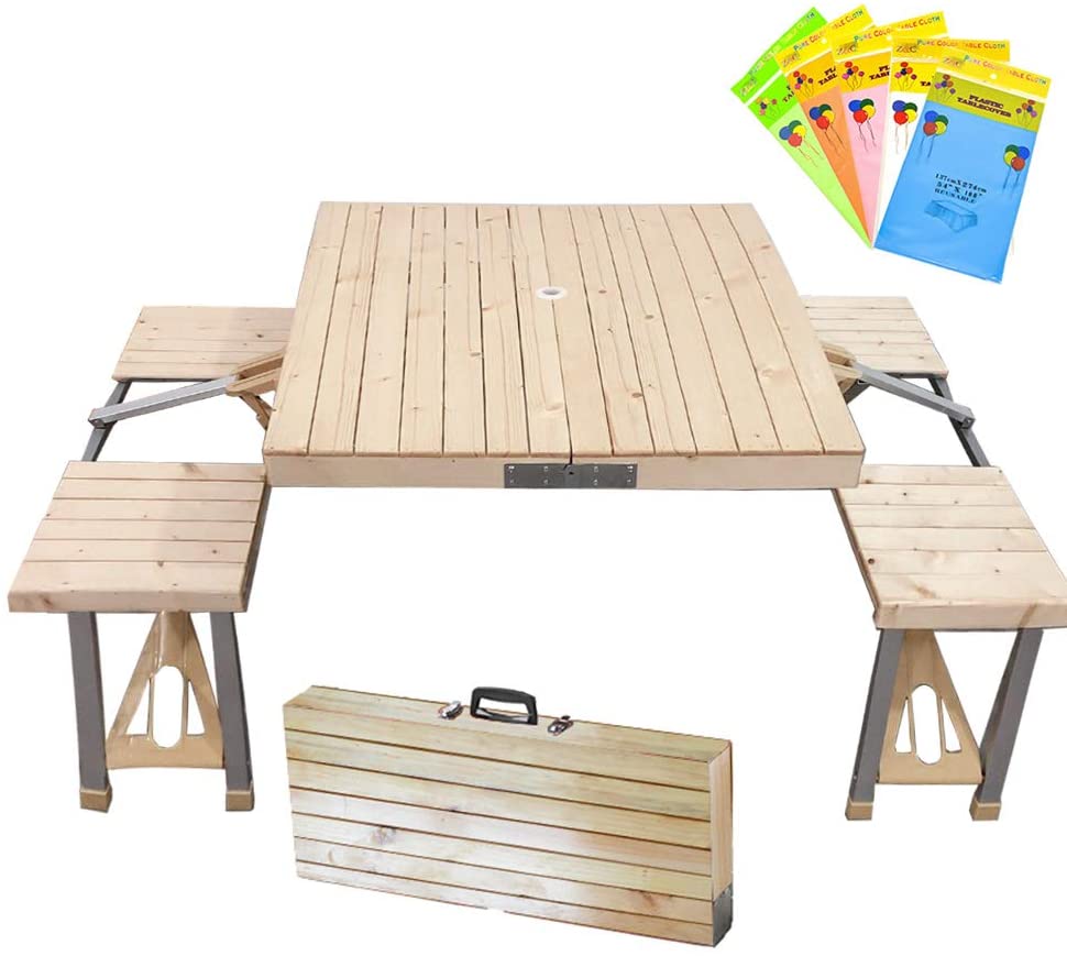 Photo 1 of STONCEL Folding Table and Chairs Set Portable Picnic Table with 4 Seats for Outdoor Camping Picnic BBQ Party and DiningWooden