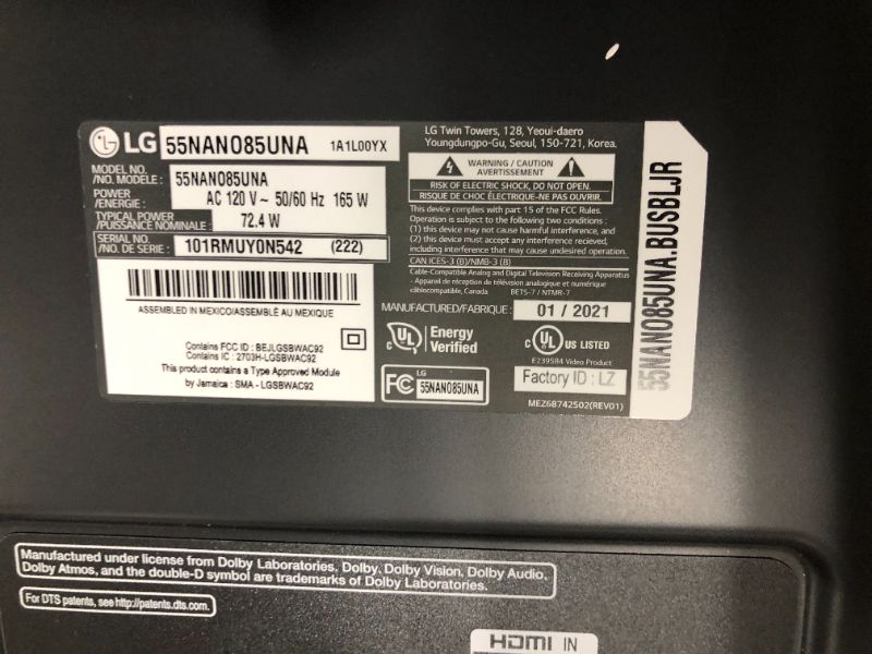 Photo 4 of LG 55NANO85UNA Alexa BuiltIn NanoCell 85 Series 55 4K Smart UHD NanoCell TV 2020