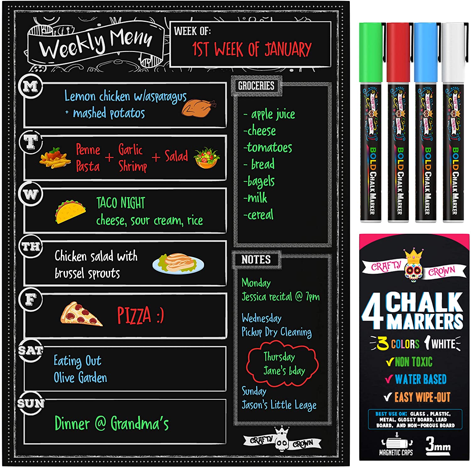 Photo 1 of Magnetic Dry Erase Menu Board for Fridge Includes 4 Liquid Chalk Markers  Weekly Meal Planner Blackboard Grocery List and Notepad for Kitchen Refrigerator  Chalkboard Magnet