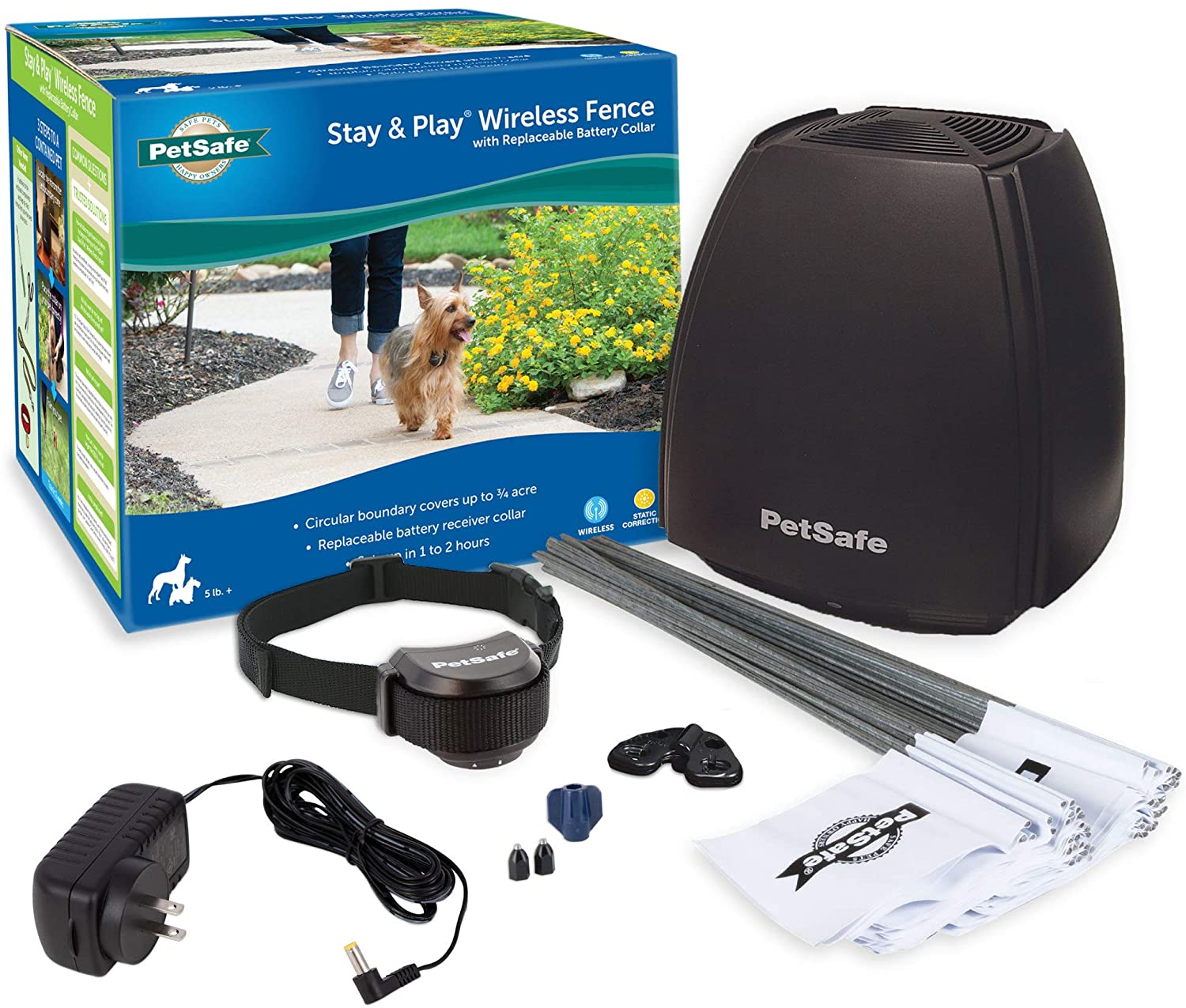Photo 1 of PetSafe Stay  Play Wireless Fence with Replaceable Battery Collar  Covers up to 34 Acre  For Dogs  Cats over 5 lb  Waterproof Collar Tone  Static  From Parent Company of INVISIBLE FENCE Brand