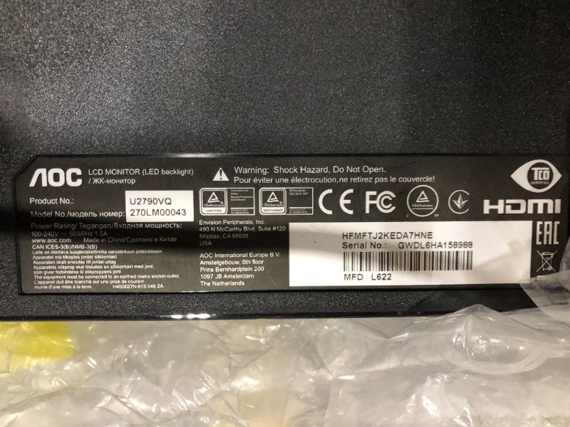 Photo 2 of AOC  U2790PQU  270LM00043 MONITOR