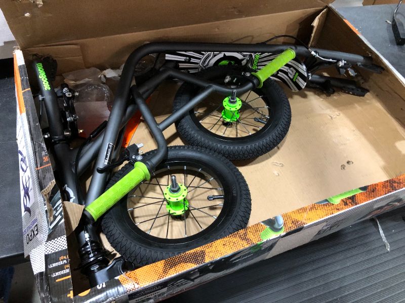 Photo 2 of Mongoose Expo Scooter Featuring Front and Rear Caliper Brakes and Rear Axle Pegs with 12Inch Inflatable Wheels GreenGrey