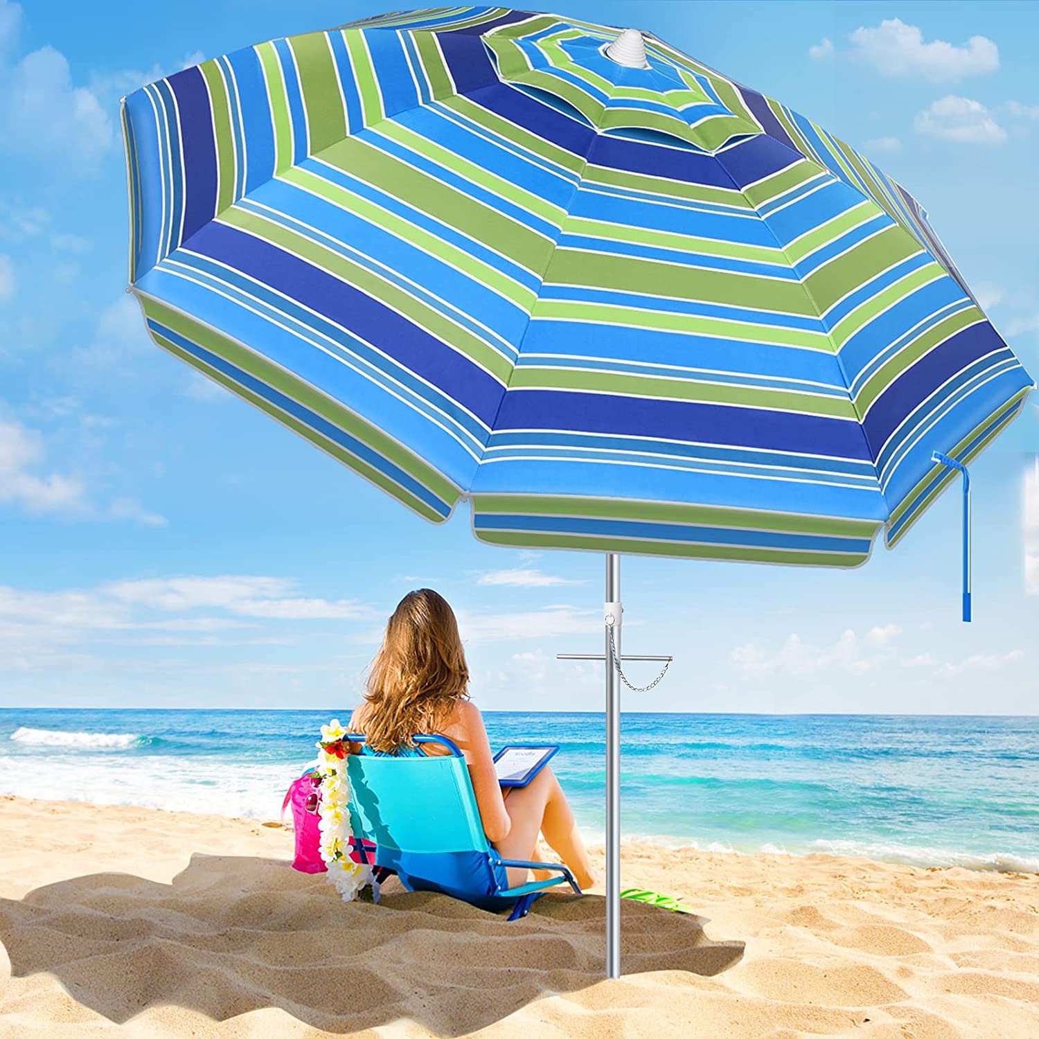 Photo 1 of SANSUNTEK Beach Umbrella with Sand Anchor65ft Portable Travel Beach Umbrella for Sand with Tilt Aluminum Pole Sun Wind Resistant Umbrella for Beach Patio Backyard Outdoor with Carry Bag