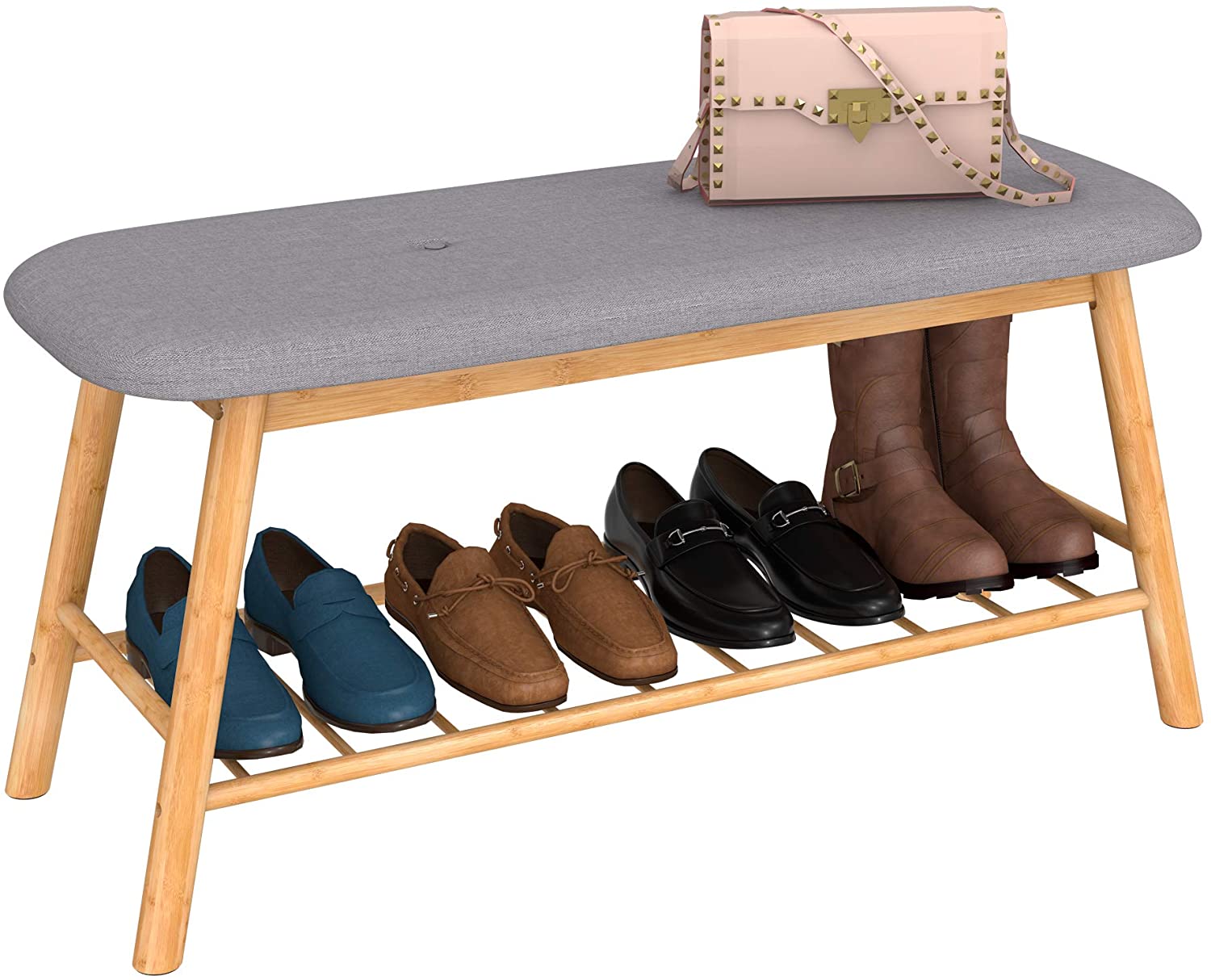 Photo 1 of Shoe Rack Bench Ottoman Upholstered  Grey Padded Cushion Bamboo Storage Seat Shelf Free Standing Entryway Hallway Bedroom Living Room