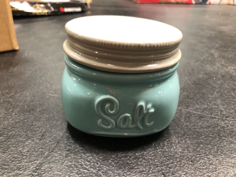 Photo 2 of Mason Salt Cellar  Ceramic Salt Cellar With Lid  Rustic Farmhouse Decor by Sparrow Decor Blue