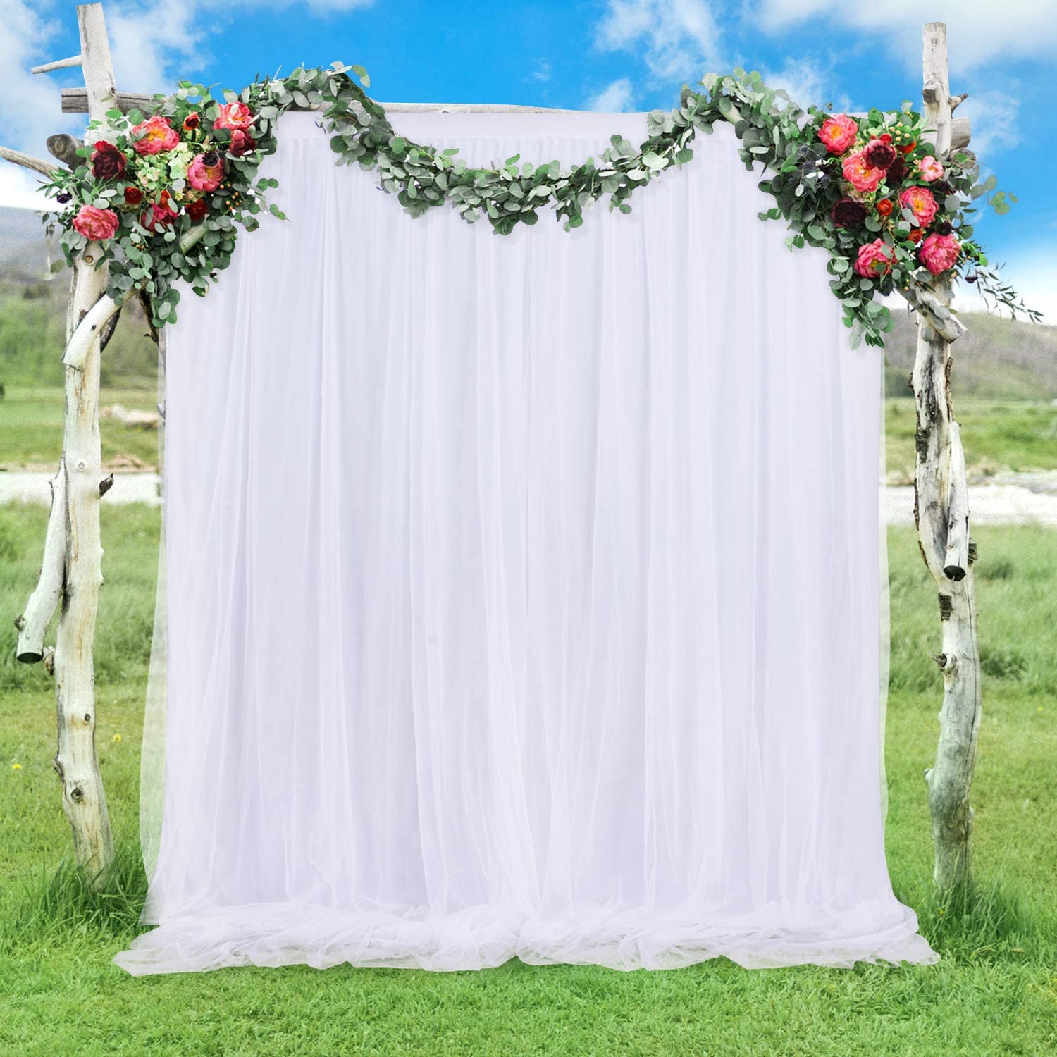 Photo 1 of White Tulle Backdrop Curtains for Baby Shower Parties Wedding Photo 2 Layer Sheer Drape Backdrop Cloth for Photography Props 5 ft X 7 ft