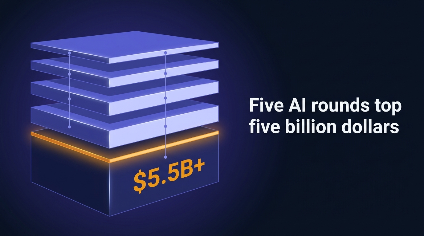 Cross-section diagram of five glowing stacked tech-stack slabs with stat $5.5B+ in amber and headline Five AI rounds top five billion dollars in white on navy.