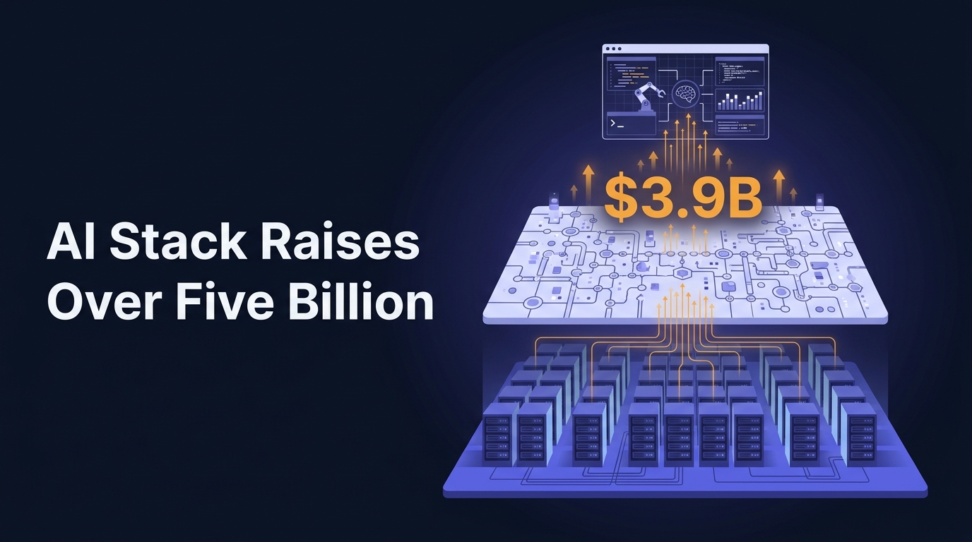 Vertical cross-section diagram of three stacked AI platform layers, server hall, data pipeline grid, code-agent interface, with amber capital-flow lines and stat $3.9B rising between them.