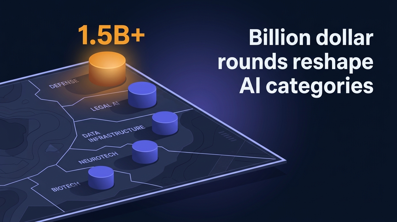 Industrial map with five sized markers over AI funding sectors; stat 1.5B+ glows in amber over defense; headline reads Billion dollar rounds reshape AI categories.