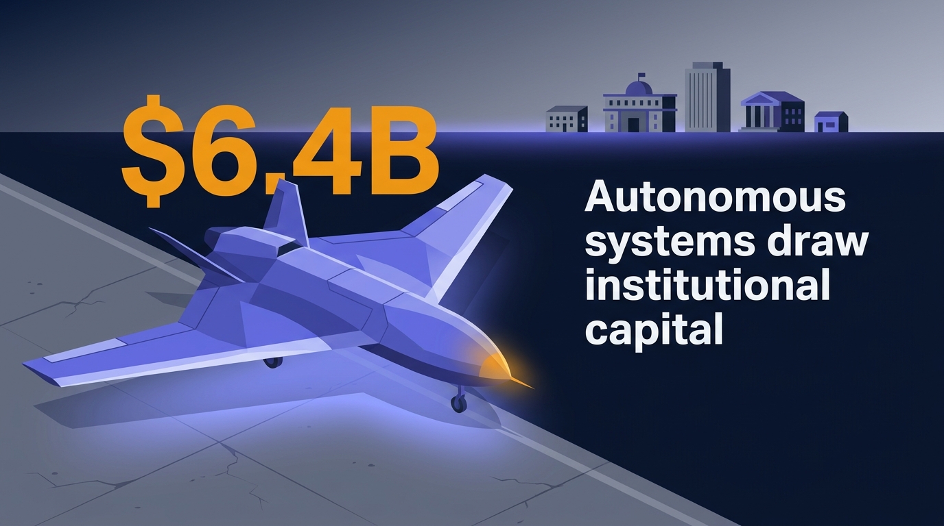 Angular autonomous fixed-wing drone on a concrete airfield, government buildings receding behind it, stat $6.4B and headline Autonomous systems draw institutional capital in bold type.
